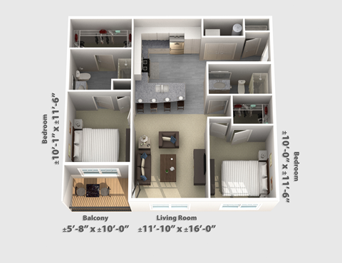 Floor plan for 2 beds, 2 baths, 908 sqft